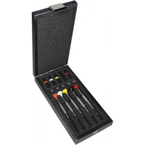 Assortiment de 5 tournevis d'horloger en acier inox, tête ergonomique en matière synthétique POM autolubrifiant, en coffret bois