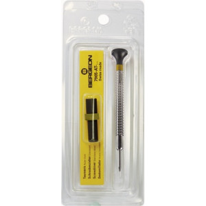 Tournevis d'horloger à profilé spécial, Ø 0.70 mm, en acier inox, tête ergonomique en matière synthétique POM autolubrifiant, avec 2 mèches de rechange en tube plastique