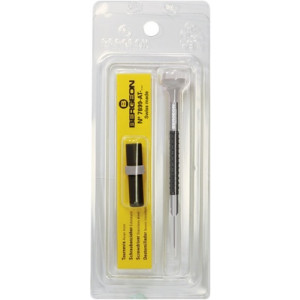 Tournevis d'horloger en aluminium, Ø 1.40 mm,  avec membrane en élastomère, tête ergonomique en matière synthétique POM autolubrifiant, avec 2 mèches de rechange en tube plastique