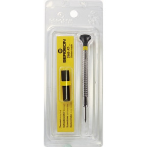 Tournevis d'horloger à profilé spécial, Ø 0.80 mm, en acier inox, tête ergonomique en matière synthétique POM autolubrifiant, avec 2 mèches de rechange en tube plastique