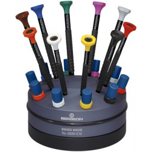 Socle tournant avec 10 tournevis d'horloger en aluminium 100% antimagnétique avec membrane en élastomère, tête ergonomique en matière synthétique POM autolubrifiant, avec mèches de rechange en tubes plastiques