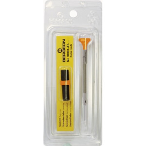 Tournevis d'horloger en acier inox, Ø 0.50 mm, tête ergonomique en matière synthétique POM autolubrifiant, avec 2 mèches de rechange en tube plastique