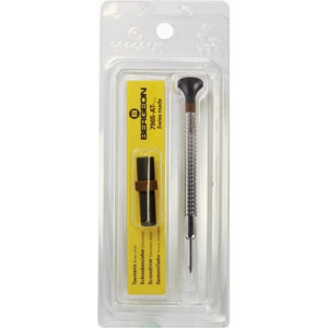 Tournevis d'horloger à profilé spécial, Ø 3.00 mm, en acier inox, tête ergonomique en matière synthétique POM autolubrifiant, avec 2 mèches de rechange en tube plastique