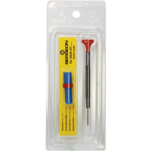 Tournevis d'horloger en aluminium 100% antimagnétique, Ø 1.20 mm, avec membrane en élastomère, tête ergonomique en matière synthétique POM autolubrifiant, avec 2 mèches de rechange en tube plastique