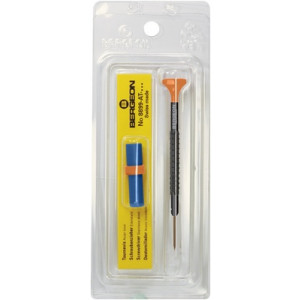 Tournevis d'horloger en aluminium 100% antimagnétique, Ø 0.50 mm, avec membrane en élastomère, tête ergonomique en matière synthétique POM autolubrifiant, avec 2 mèches de rechange en tube plastique