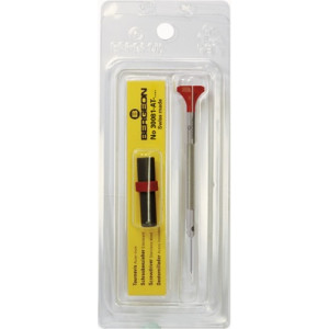 Tournevis d'horloger en acier inox, Ø 1.20 mm, tête ergonomique en matière synthétique POM autolubrifiant, avec 2 mèches de rechange en tube plastique