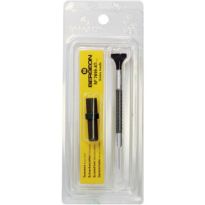 Tournevis d'horloger en aluminium, Ø 1.00 mm,  avec membrane en élastomère, tête ergonomique en matière synthétique POM autolubrifiant, avec 2 mèches de rechange en tube plastique