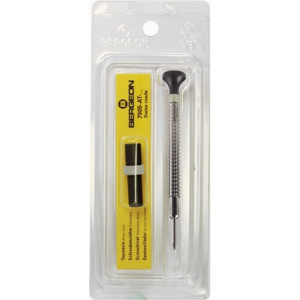 Tournevis d'horloger à profilé spécial, Ø 1.40 mm, en acier inox, tête ergonomique en matière synthétique POM autolubrifiant, avec 2 mèches de rechange en tube plastique