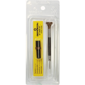 Tournevis d'horloger en acier inox, Ø 3.00 mm,  avec membrane en élastomère, tête ergonomique en matière synthétique POM autolubrifiant, avec 2 mèches de rechange en tube plastique