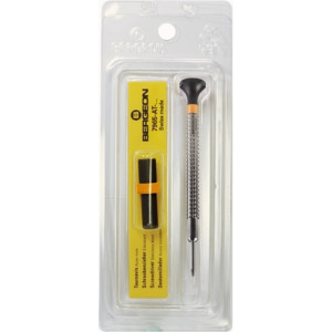 Tournevis d'horloger à profilé spécial, Ø 1.80 mm, en acier inox, tête ergonomique en matière synthétique POM autolubrifiant, avec 2 mèches de rechange en tube plastique