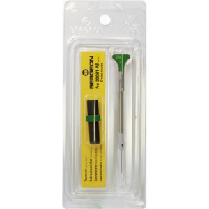 Tournevis d'horloger en acier inox, Ø 2.00 mm, tête ergonomique en matière synthétique POM autolubrifiant, avec 2 mèches de rechange en tube plastique