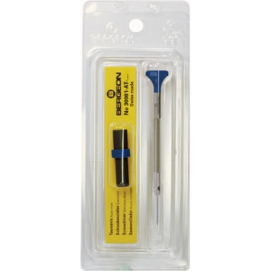 Tournevis d'horloger en acier inox, Ø 2.50 mm, tête ergonomique en matière synthétique POM autolubrifiant, avec 2 mèches de rechange en tube plastique
