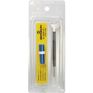 Tournevis d'horloger en aluminium 100% antimagnétique, Ø 0.60 mm, avec membrane en élastomère, tête ergonomique en matière synthétique POM autolubrifiant, avec 2 mèches de rechange en tube plastique