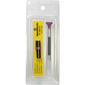 Tournevis d'horloger en aluminium, Ø 1.60 mm,  avec membrane en élastomère, tête ergonomique en matière synthétique POM autolubrifiant, avec 2 mèches de rechange en tube plastique