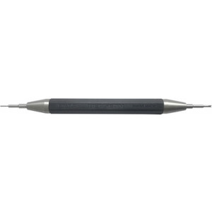 Outil pour poser et enlever les barrettes à ressorts, manche surmoulé noir en matière synthétique, avec pointe et spatule fines en acier trempé revenu 52 HRC, longueur 134 mm