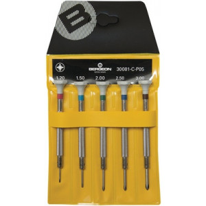 Assortiment de 5 tournevis à mèche cruciforme "Phillips" en acier inox, tête ergonomique en matière synthétique POM autolubrifiant