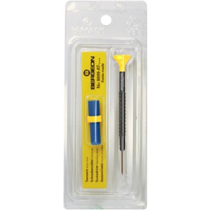 Tournevis d'horloger en aluminium 100% antimagnétique, Ø 0.80 mm, avec membrane en élastomère, tête ergonomique en matière synthétique POM autolubrifiant, avec 2 mèches de rechange en tube plastique