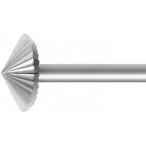 Fraise de forme à denture fine, en acier outil, Ø tige 2.35 mm, angle 120°, longueur 44.5 mm, Ø 2.20 mm