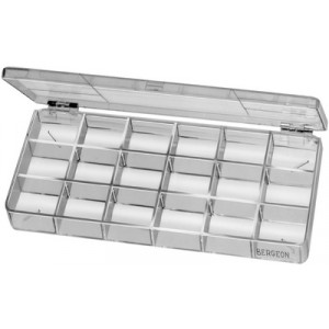 Boîte en plastique avec couvercle à charnière, 18 cases, 200 x 98 x 21 mm