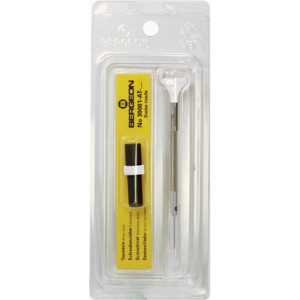 Tournevis d'horloger en acier inox, Ø 0.60 mm, tête ergonomique en matière synthétique POM autolubrifiant, avec 2 mèches de rechange en tube plastique