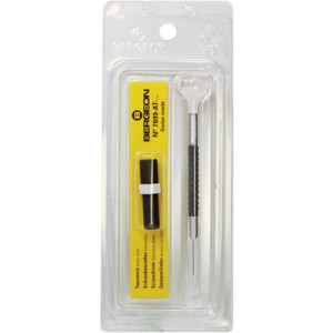 Tournevis d'horloger en aluminium, Ø 0.60 mm,  avec membrane en élastomère, tête ergonomique en matière synthétique POM autolubrifiant, avec 2 mèches de rechange en tube plastique