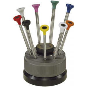 Socle tournant avec 9 tournevis d'horloger en acier inox, tête ergonomique en matière synthétique POM autolubrifiant, avec réservoir avec mèches de rechange