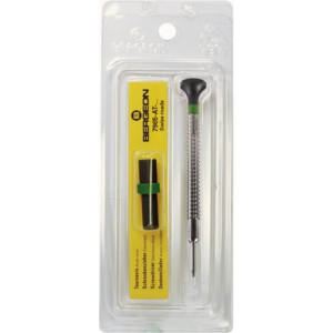 Tournevis d'horloger à profilé spécial, Ø 2.00 mm, en acier inox, tête ergonomique en matière synthétique POM autolubrifiant, avec 2 mèches de rechange en tube plastique