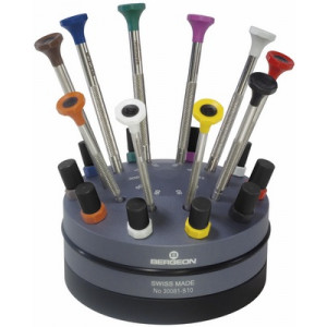 Socle tournant avec 10 tournevis d'horloger en acier inox, tête ergonomique en matière synthétique POM autolubrifiant, avec mèches de rechange en tubes plastiques