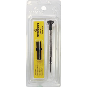 Tournevis d'horloger à profilé spécial, Ø 1.00 mm, en acier inox, tête ergonomique en matière synthétique POM autolubrifiant, avec 2 mèches de rechange en tube plastique