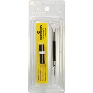 Tournevis d'horloger en acier inox, Ø 0.60 mm,  avec membrane en élastomère, tête ergonomique en matière synthétique POM autolubrifiant, avec 2 mèches de rechange en tube plastique