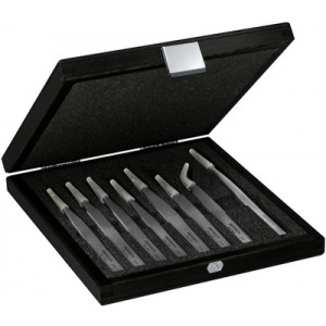 Assortiment de 8 brucelles B-NOX en acier inox, finition soignée, bonne duretée, en coffret bois