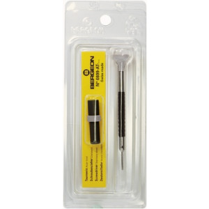 Tournevis d'horloger en acier inox, Ø 1.40 mm,  avec membrane en élastomère, tête ergonomique en matière synthétique POM autolubrifiant, avec 2 mèches de rechange en tube plastique