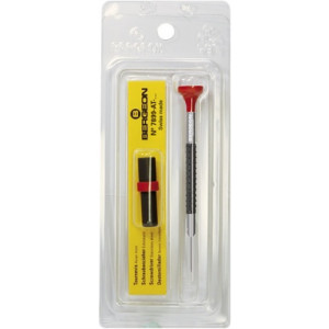 Tournevis d'horloger en aluminium, Ø 1.20 mm,  avec membrane en élastomère, tête ergonomique en matière synthétique POM autolubrifiant, avec 2 mèches de rechange en tube plastique