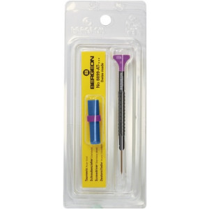 Tournevis d'horloger en aluminium 100% antimagnétique, Ø 1.60 mm, avec membrane en élastomère, tête ergonomique en matière synthétique POM autolubrifiant, avec 2 mèches de rechange en tube plastique
