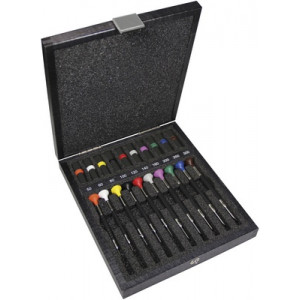 Assortiment de 10 tournevis d'horloger en acier inox avec membrane en élastomère, tête ergonomique en matière synthétique POM autolubrifiant, en coffret bois