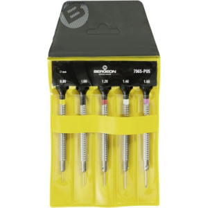 Assortiment de 5 tournevis d'horloger à profilé spécial, en acier inox, tête ergonomique en matière synthétique POM autolubrifiant