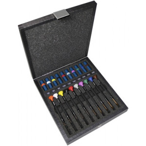 Assortiment de 10 tournevis d'horloger en aluminium 100% antimagnétique avec membrane en élastomère, tête ergonomique en matière synthétique POM autolubrifiant, en coffret bois