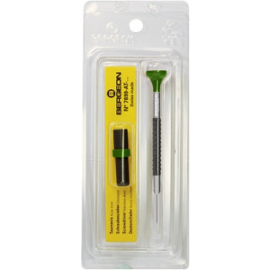 Tournevis d'horloger en aluminium, Ø 2.00 mm,  avec membrane en élastomère, tête ergonomique en matière synthétique POM autolubrifiant, avec 2 mèches de rechange en tube plastique