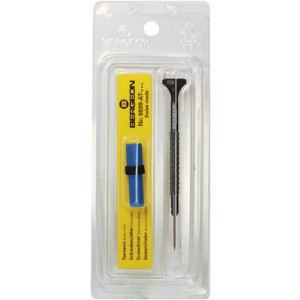 Tournevis d'horloger en aluminium 100% antimagnétique, Ø 1.00 mm, avec membrane en élastomère, tête ergonomique en matière synthétique POM autolubrifiant, avec 2 mèches de rechange en tube plastique