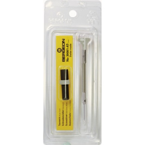 Tournevis d'horloger en acier inox, Ø 1.40 mm, tête ergonomique en matière synthétique POM autolubrifiant, avec 2 mèches de rechange en tube plastique