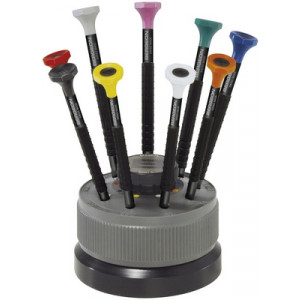 Socle tournant avec 9 tournevis d'horloger en aluminium 100% antimagnétique avec membrane en élastomère, tête ergonomique en matière synthétique POM autolubrifiant, avec réservoir avec mèches de rechange