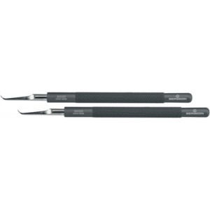Paire de leviers pour aiguilles, fourche en acier trempé 56 HRC nicklé, poli, manche en aluminium anodisé, largeur 2.5 mm, longueur 105 mm