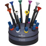Socle tournant avec 10 tournevis d'horloger en aluminium 100% antimagnétique avec membrane en élastomère, tête ergonomique en matière synthétique POM autolubrifiant, avec mèches de rechange en tubes plastiques