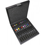 Assortiment de 10 tournevis d'horloger en aluminium avec membrane en élastomère, tête ergonomique en matière synthétique POM autolubrifiant, en coffret bois