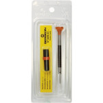Tournevis d'horloger en acier inox, Ø 0.50 mm,  avec membrane en élastomère, tête ergonomique en matière synthétique POM autolubrifiant, avec 2 mèches de rechange en tube plastique