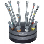 Socle tournant avec 10 tournevis d'horloger en laiton chromé, avec mèches de rechange en tubes plastiques