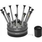 Socle tournant avec 12 tournevis d'horloger à profilé spécial Tork Speed en acier inox, avec 6 emplacements pour cartouches dynamométriques et un container amovibles avec mèches de rechange