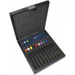 Assortiment de 10 tournevis d'horloger en aluminium 100% antimagnétique avec membrane en élastomère, tête ergonomique en matière synthétique POM autolubrifiant, en coffret bois