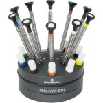 Socle tournant avec 10 tournevis à profilé spécial et mèches à flancs parallèles, avec mèches de rechange en tubes plastiques