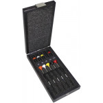 Assortiment de 5 tournevis d'horloger en acier inox avec membrane en élastomère, tête ergonomique en matière synthétique POM autolubrifiant, en coffret bois